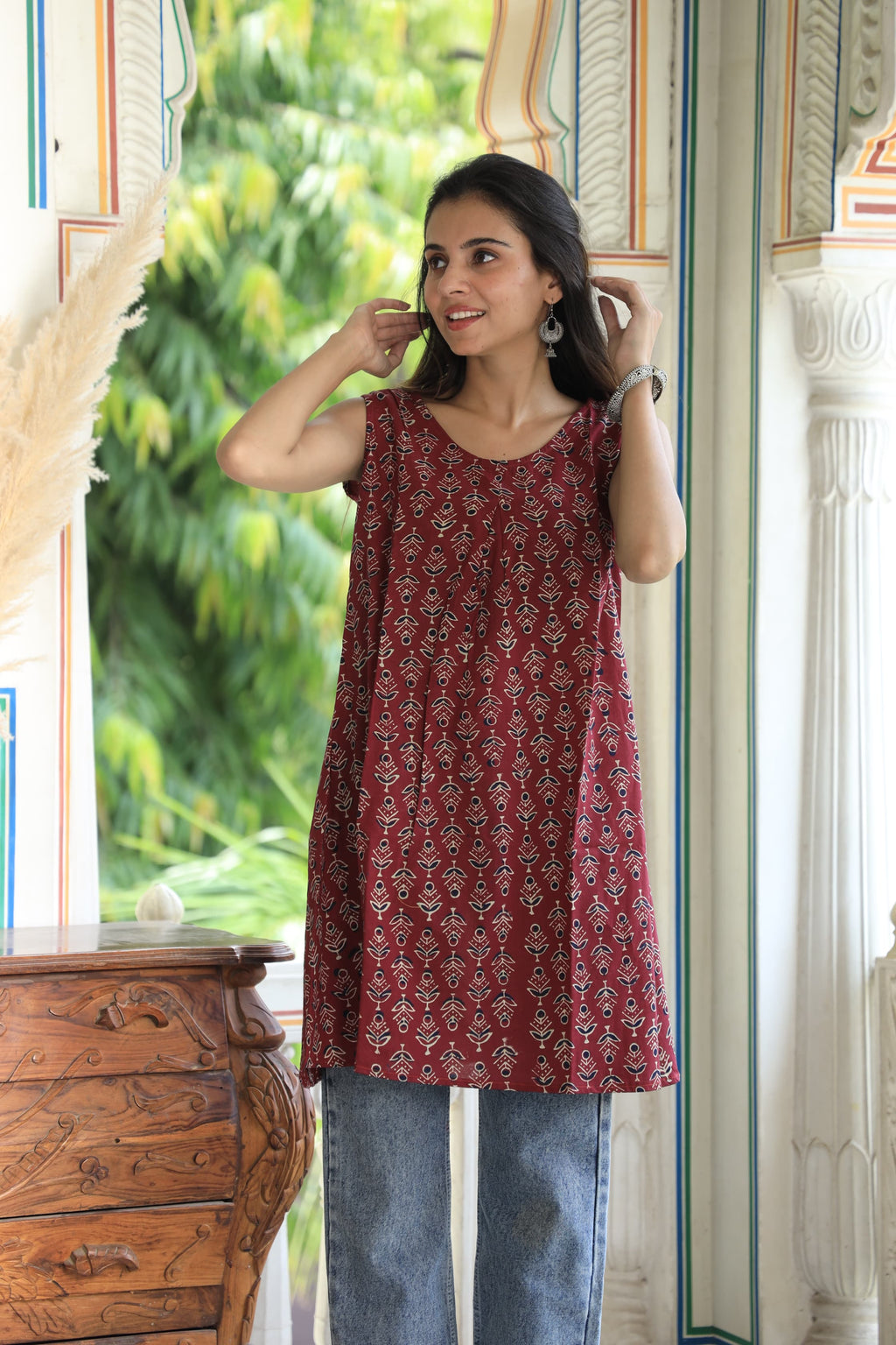 Maroon Block Printed Cotton Short Aline Kurti
