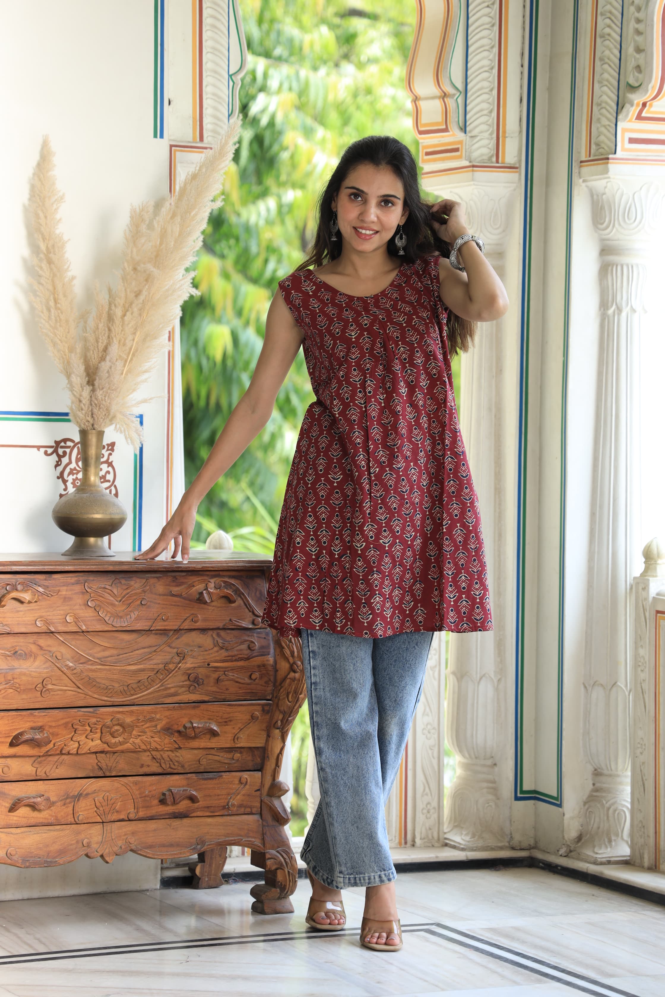 Maroon Block Printed Cotton Short Aline Kurti