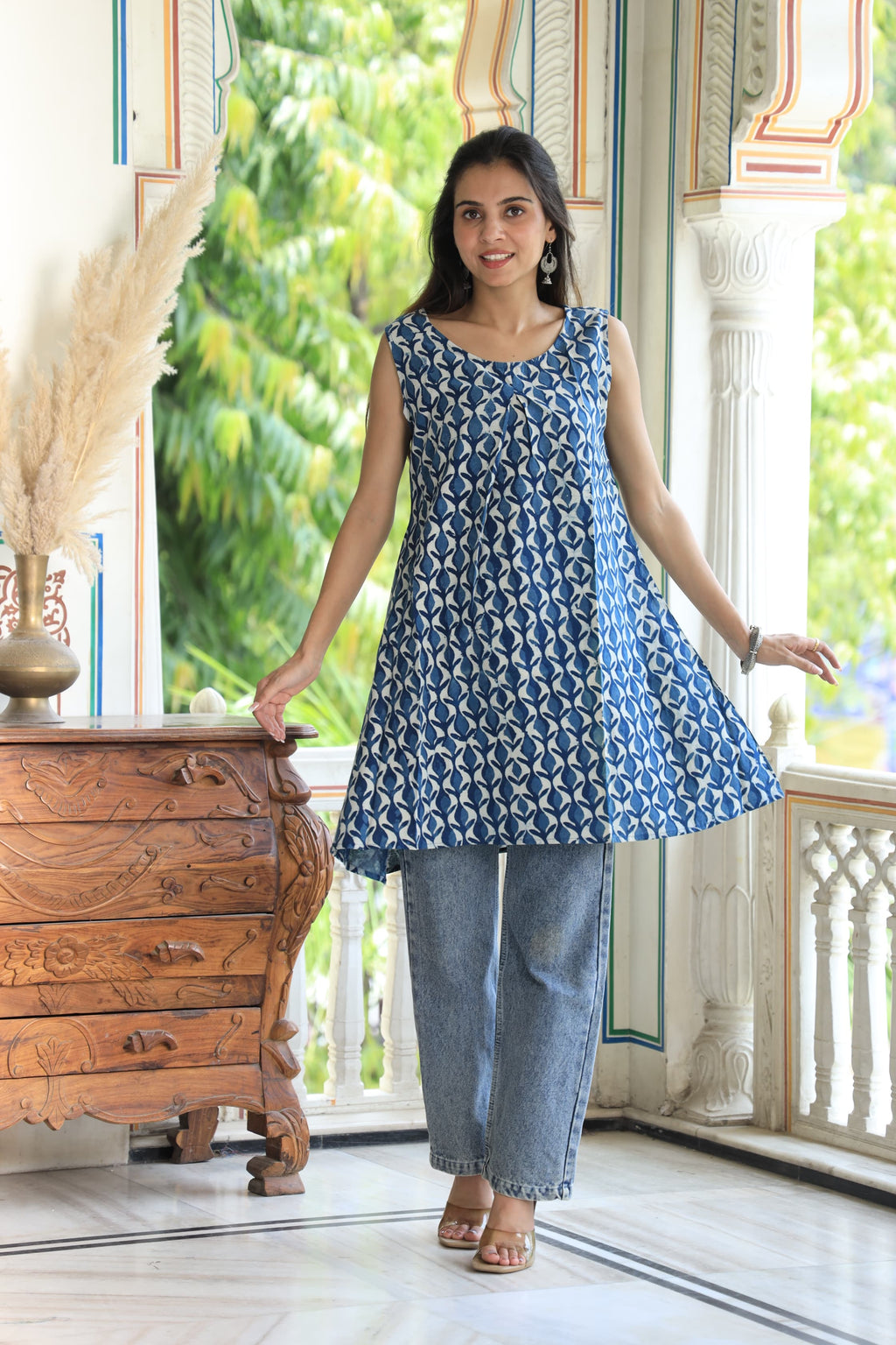 Indigo Block Printed Cotton Short Aline Kurti