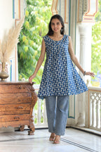 Indigo Block Printed Cotton Short Aline Kurti