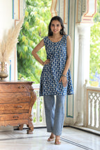 Indigo Block Printed Cotton Short Aline Kurti