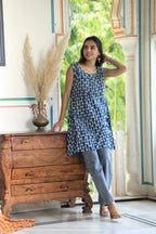 Indigo Block Printed Cotton Short Aline Kurti