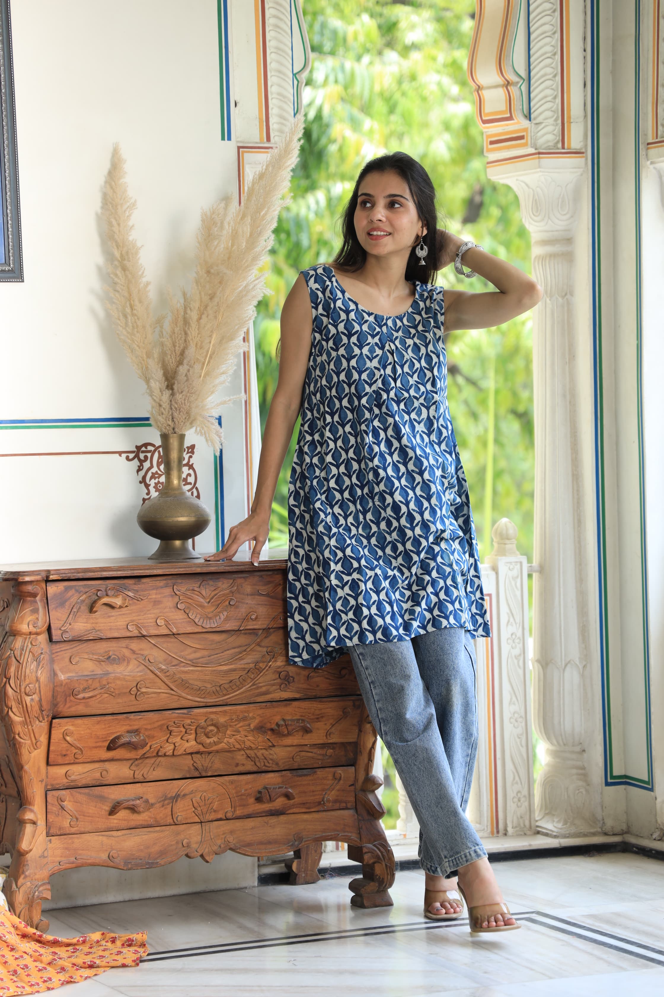 Indigo Block Printed Cotton Short Aline Kurti