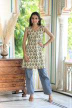 Cream Block Printed Cotton Short Aline Kurti