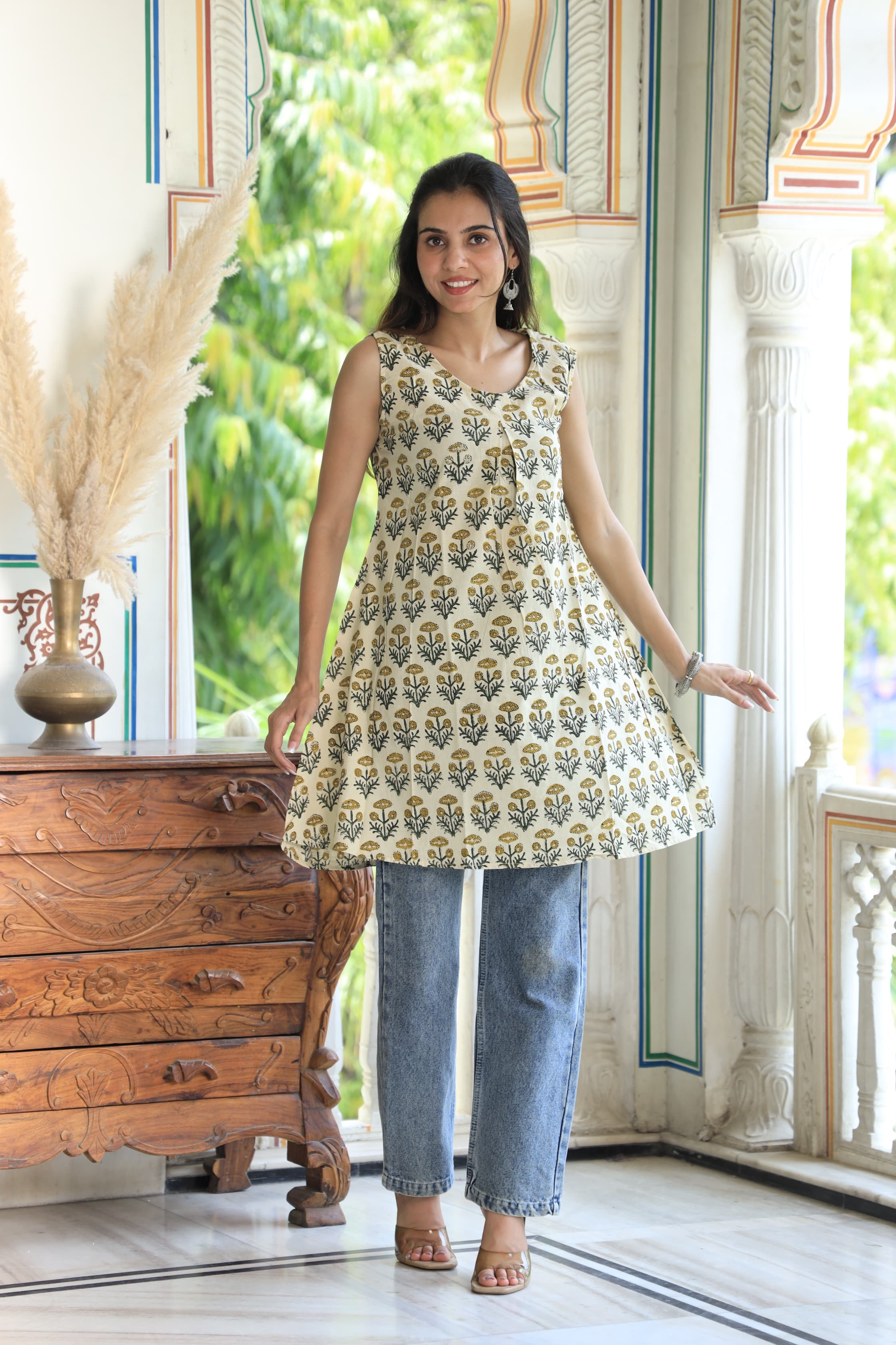 Cream Block Printed Cotton Short Aline Kurti