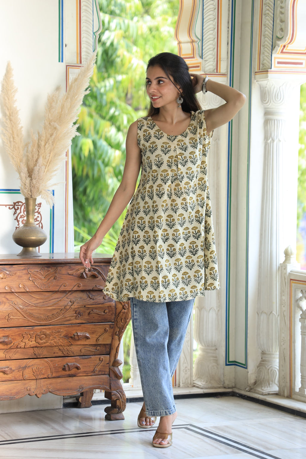 Cream Block Printed Cotton Short Aline Kurti