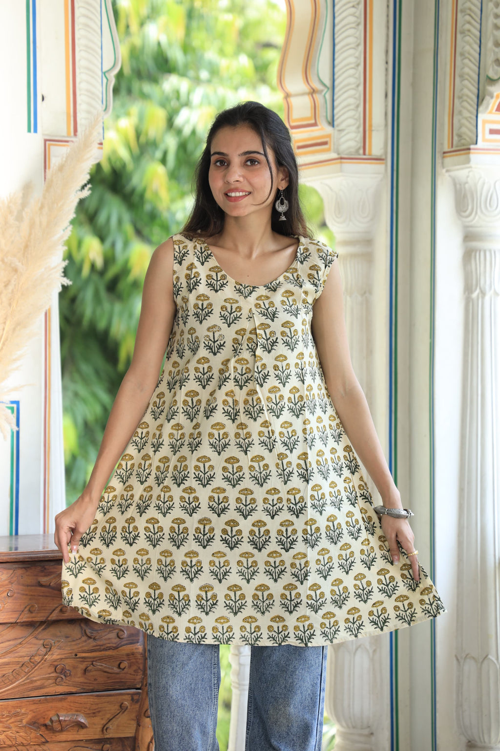 Cream Block Printed Cotton Short Aline Kurti