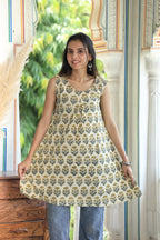 Cream Block Printed Cotton Short Aline Kurti