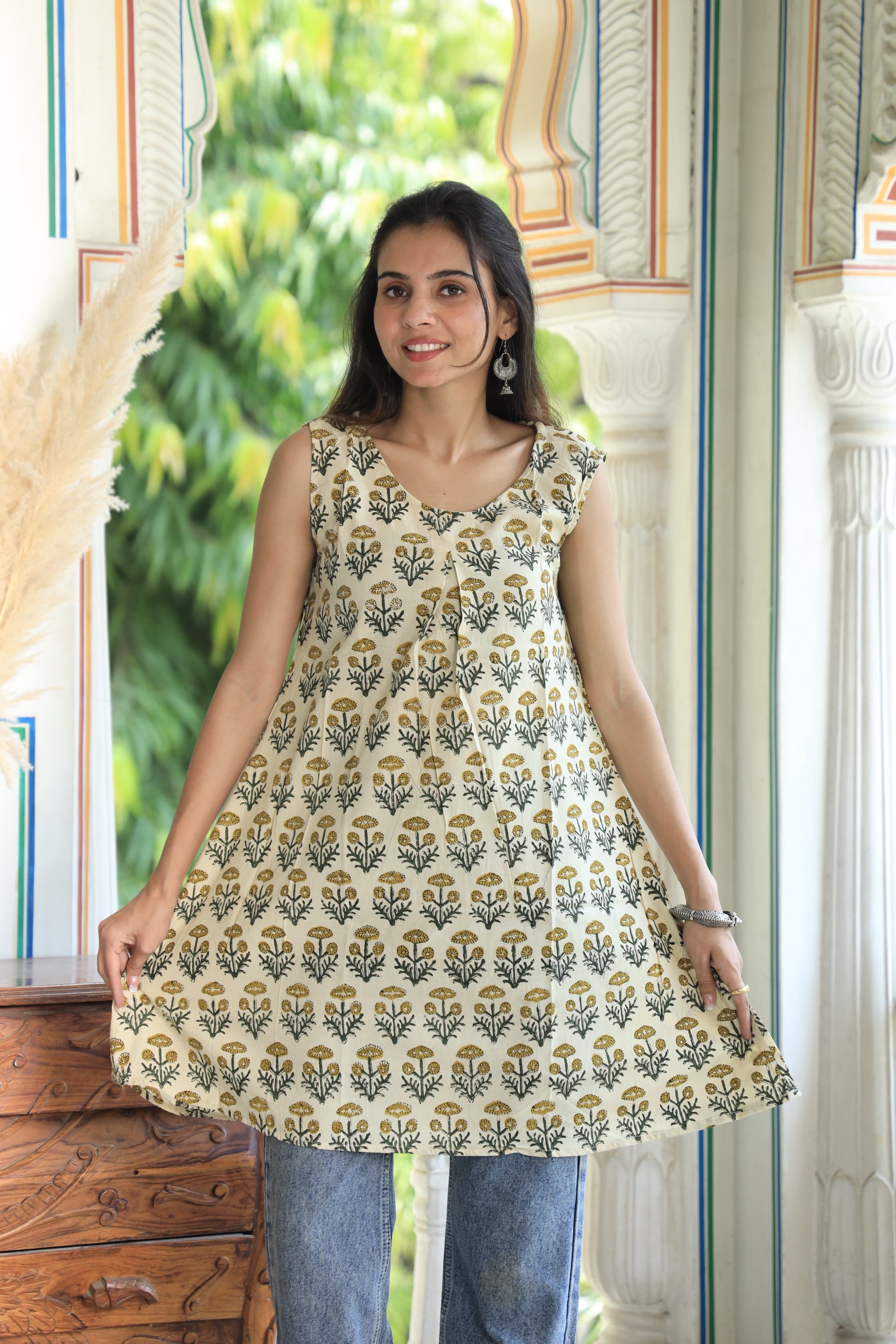 Cream Block Printed Cotton Short Aline Kurti