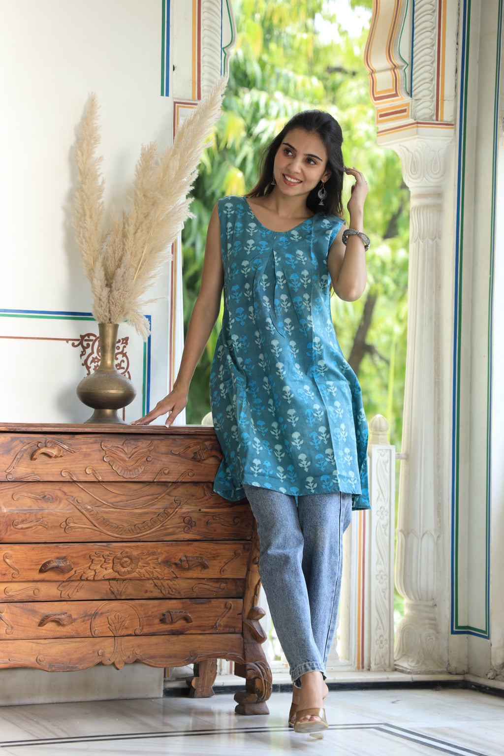 Blue Block Printed Cotton Short Aline Kurti