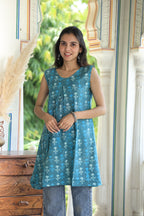 Blue Block Printed Cotton Short Aline Kurti