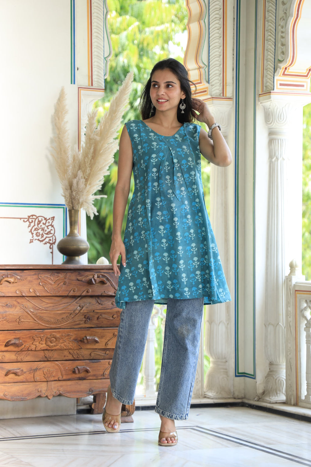 Blue Block Printed Cotton Short Aline Kurti