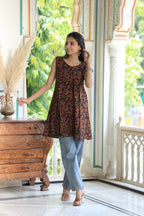 Brown Block Printed Cotton Short Aline Kurti