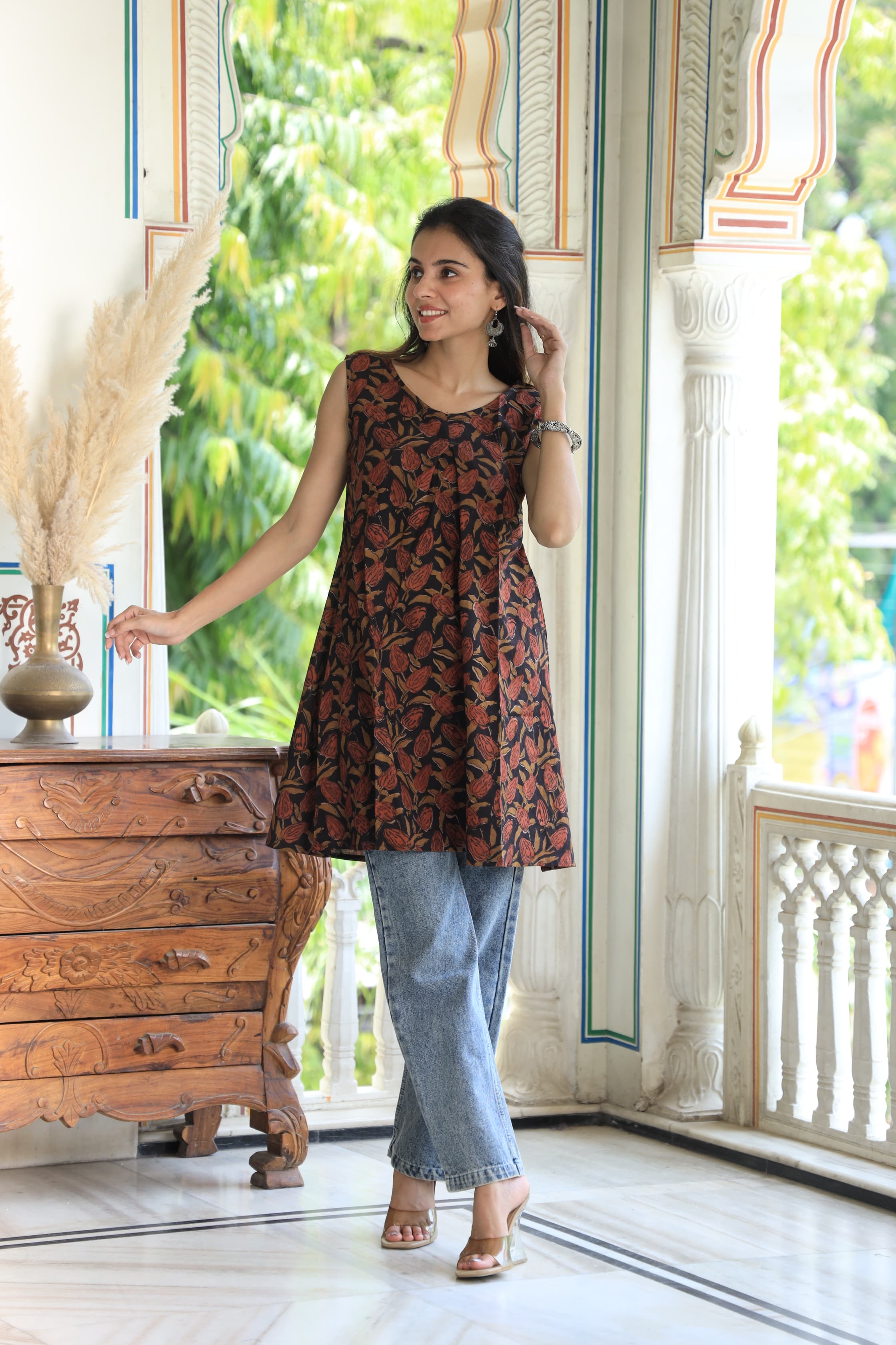 Brown Block Printed Cotton Short Aline Kurti