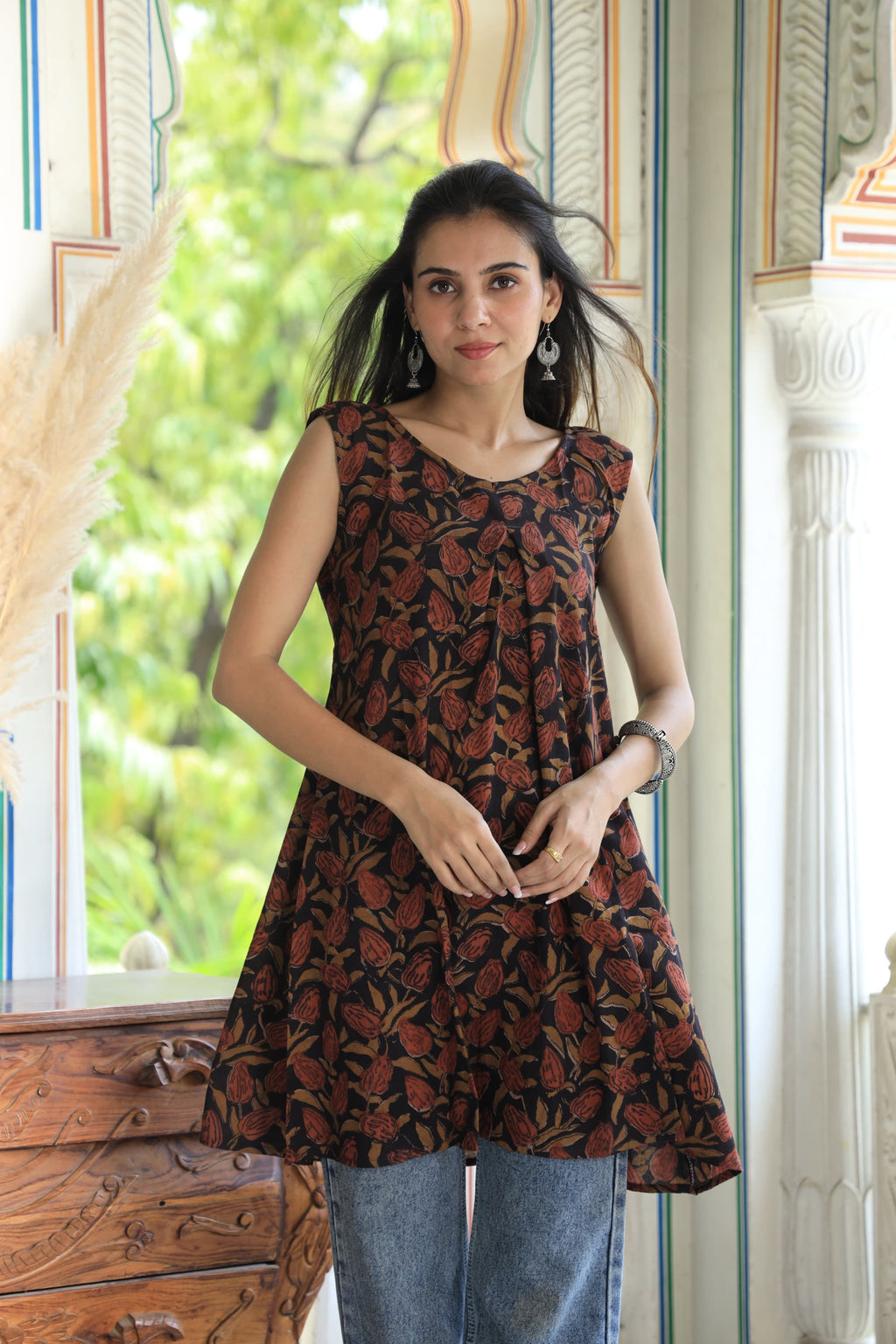 Brown Block Printed Cotton Short Aline Kurti