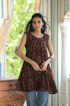 Brown Block Printed Cotton Short Aline Kurti