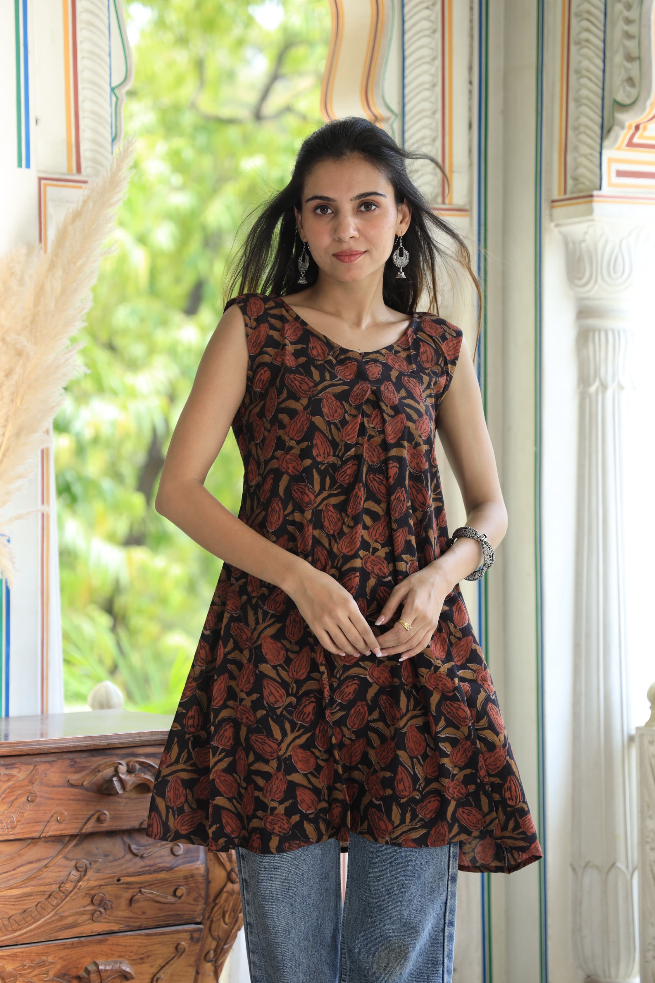 Brown Block Printed Cotton Short Aline Kurti