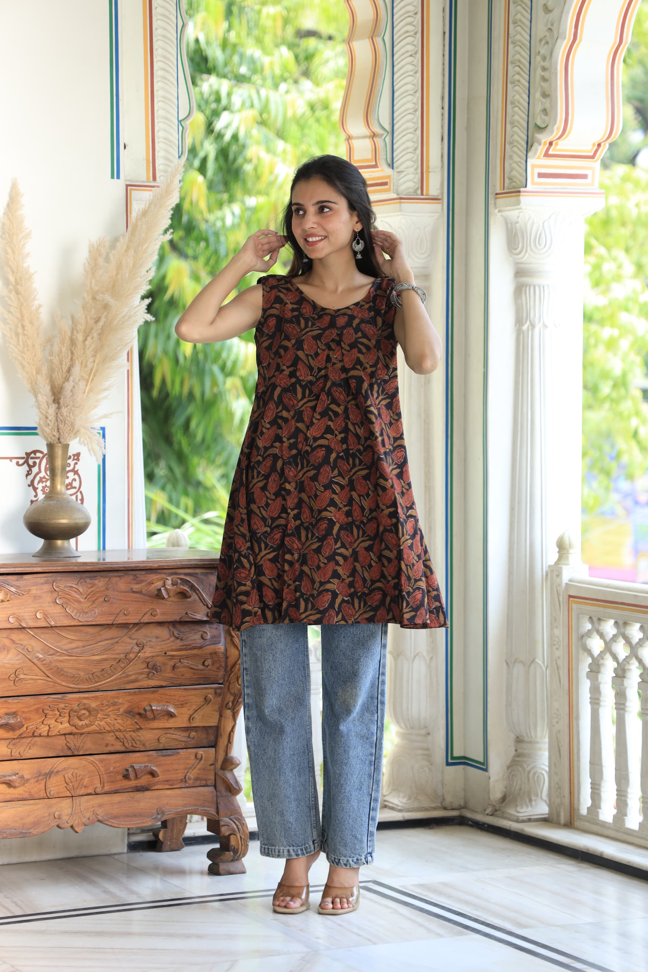 Brown Block Printed Cotton Short Aline Kurti
