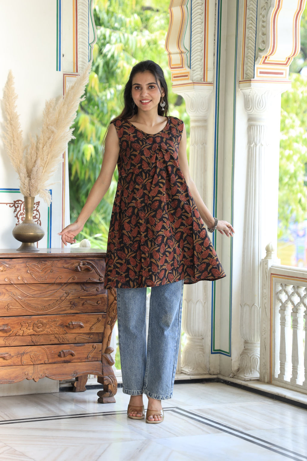 Brown Block Printed Cotton Short Aline Kurti