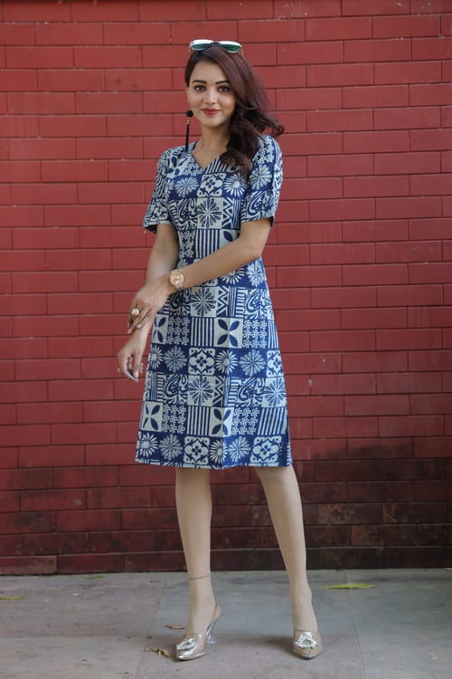 Ajrakh Cotton A Line Dress - Indigo