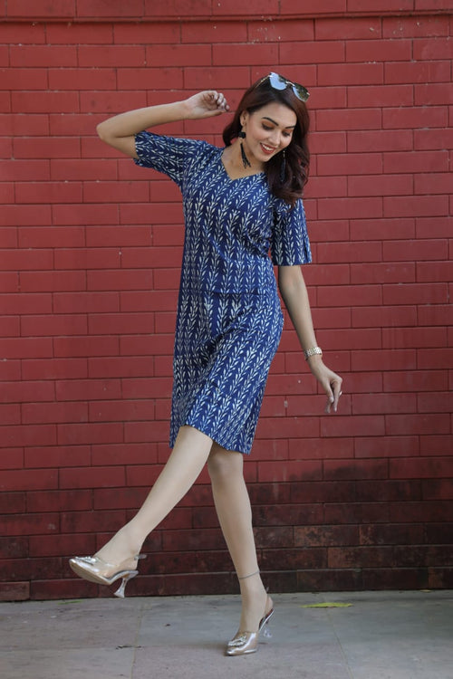 Ajrakh Cotton A Line Dress - Indigo