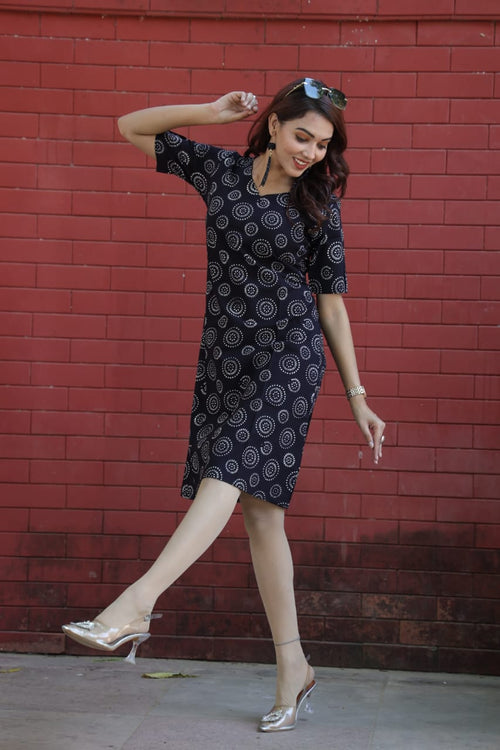 Ajrakh Cotton A Line Dress - Indigo
