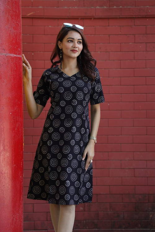 Ajrakh Cotton A Line Dress - Indigo