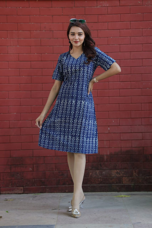 Ajrakh Cotton A Line Dress - Indigo